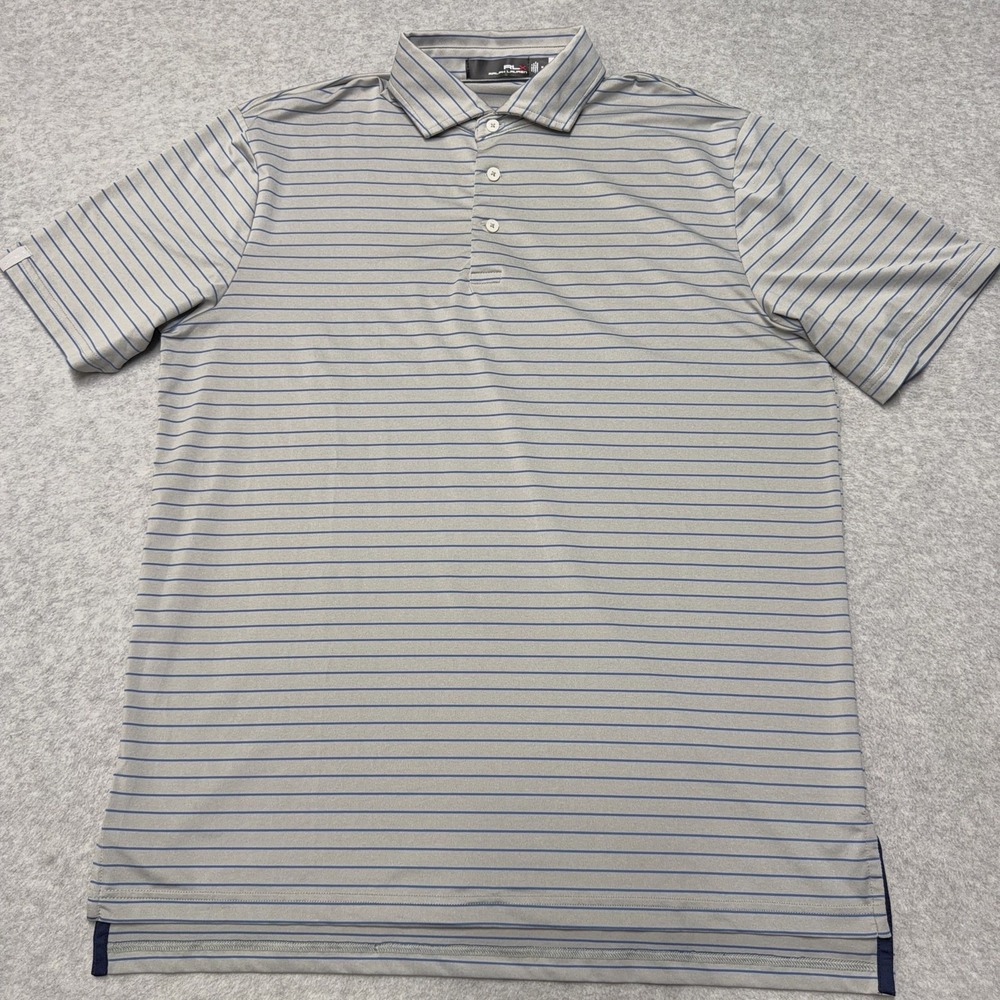 RLX Ralph Lauren Polo Shirt Mens M Gray Blue Striped Golf Performance Stretch